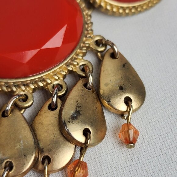 GOLD Tone Red Dangle Statement Necklace - Picture 4 of 7